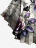 Plus Size Halloween Costume Rose Flower Leaf Spider Web Print Crisscross Lattice Flare Sleeve T-shirt -  