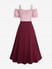 Plus Size Cold Shoulder Puff Sleeves Contrast Colorblock Lace Up Belted Ruched A Line Dress -  