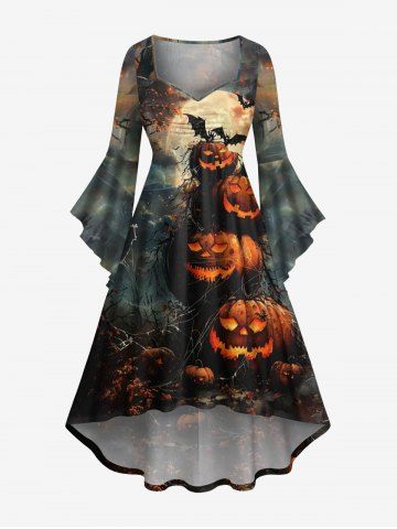 Plus Size Halloween Costume Pumpkin Bat Spider Web Moon Print Flare Sleeve High Low Dress - MULTI-A - S