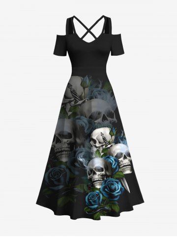 Plus Size Halloween Costume Skulls Rose Flowers Print Cold Shoulder Crisscross Maxi Dress - BLACK - M