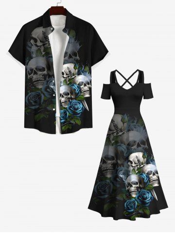 Halloween Costume Skulls Rose Flowers Print Plus Size Matching Outfit For Couples - BLACK