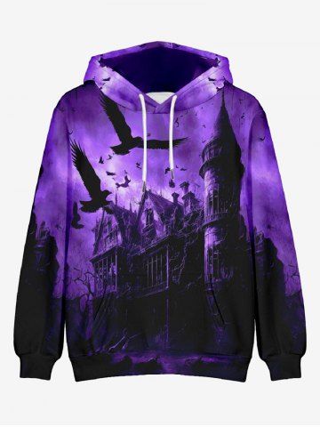 Plus Size Eagle Castle Ombre Sky Print Halloween Pocket Drawstring Pullover Hoodie For Men - PURPLE - M