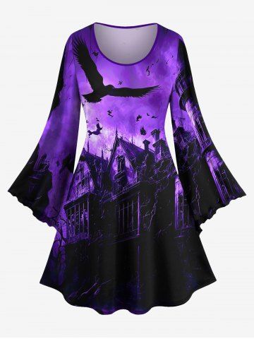 Plus Size Eagle Castle Ombre Sky Print Halloween Costume A Line Dress - PURPLE - 5X