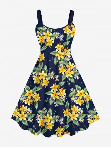 Plus Size Flower Leaf Print Hawaii A LineTank Dress - MULTI-B - 1X