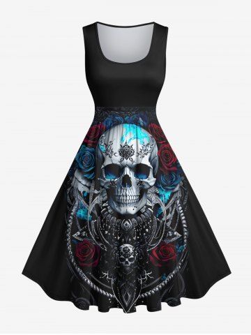 Plus Size Halloween Costume Metallic Skull Rose Flower Print 1950s Vintage Dress - BLACK - 1X