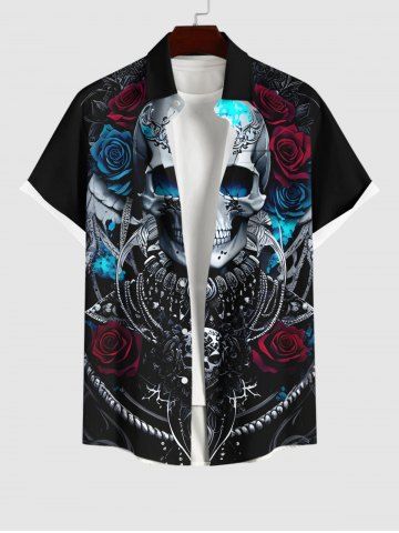 Plus Size Halloween Costume Metallic Skull Rose Flower Print Buttons Pocket Shirt For Men - BLACK - S