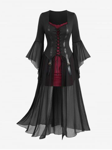 Plus Size Lace Up Ruched Ruffles PU Leather Stripes Patchwork Dress - BLACK - 3X | US 22-24