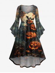 Plus Size Halloween Costume Pumpkin Bat Spider Web Moon Print Flare Sleeve High Low Dress -  