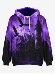 Plus Size Eagle Castle Ombre Sky Print Halloween Pocket Drawstring Pullover Hoodie For Men -  