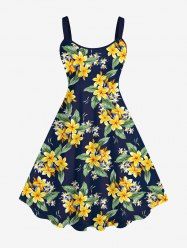 Plus Size Flower Leaf Print Hawaii A LineTank Dress -  