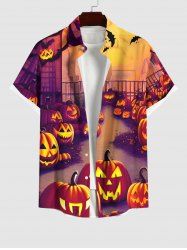 Plus Size Halloween Costume Pumpkin Latern Bat Tree Street Light Print Buttons Pocket Shirt For Men -  