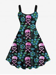 Plus Size Ombre Skulls Floral Leaf Vine Print Halloween Costume A Line Tank Dress -  
