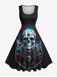 Plus Size Halloween Costume Metallic Skull Rose Flower Print 1950s Vintage Dress -  