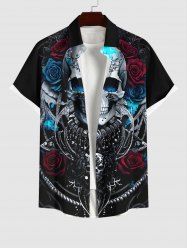 Plus Size Halloween Costume Metallic Skull Rose Flower Print Buttons Pocket Shirt For Men -  