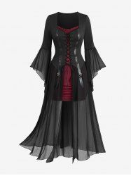 Robe gothique grande taille à lacets, volants froncés, rayures en cuir PU, patchwork - Noir 3X | US 22-24