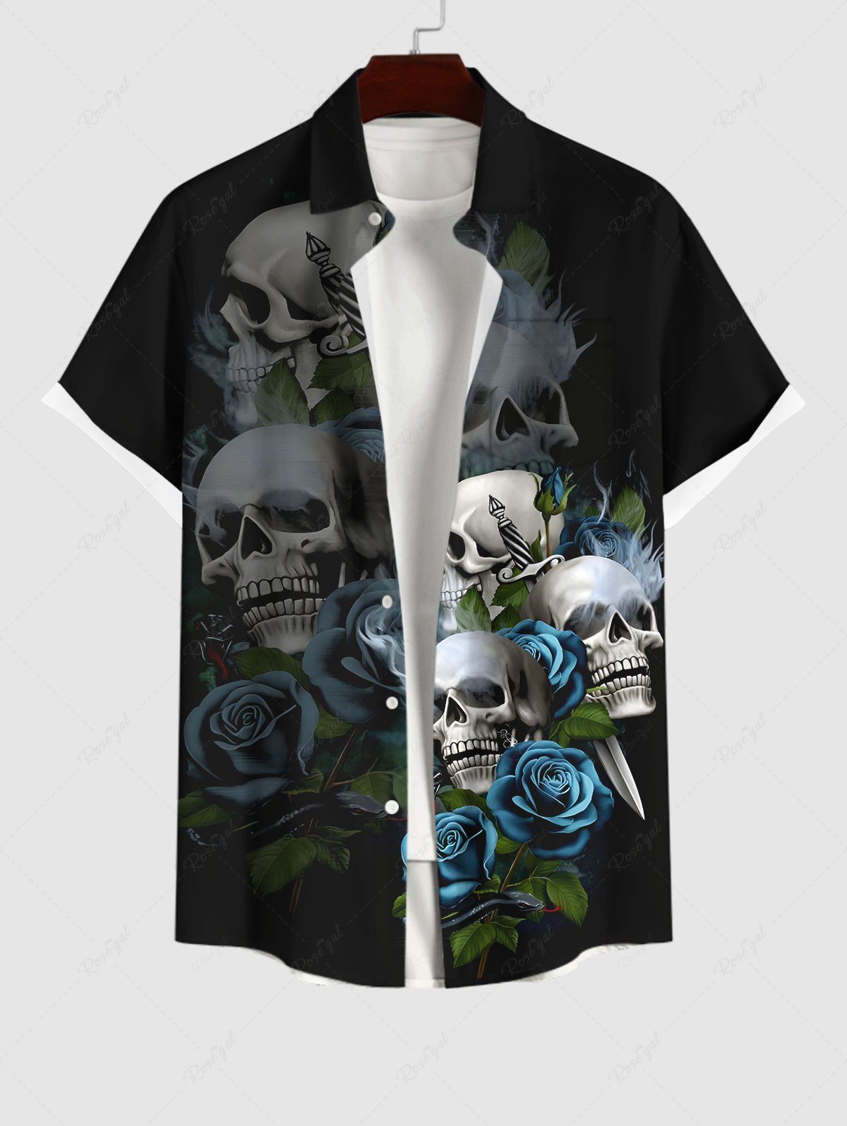 Latest Plus Size Halloween Costume Skulls Rose Flowers Print Buttons Pocket Shirt For Men  