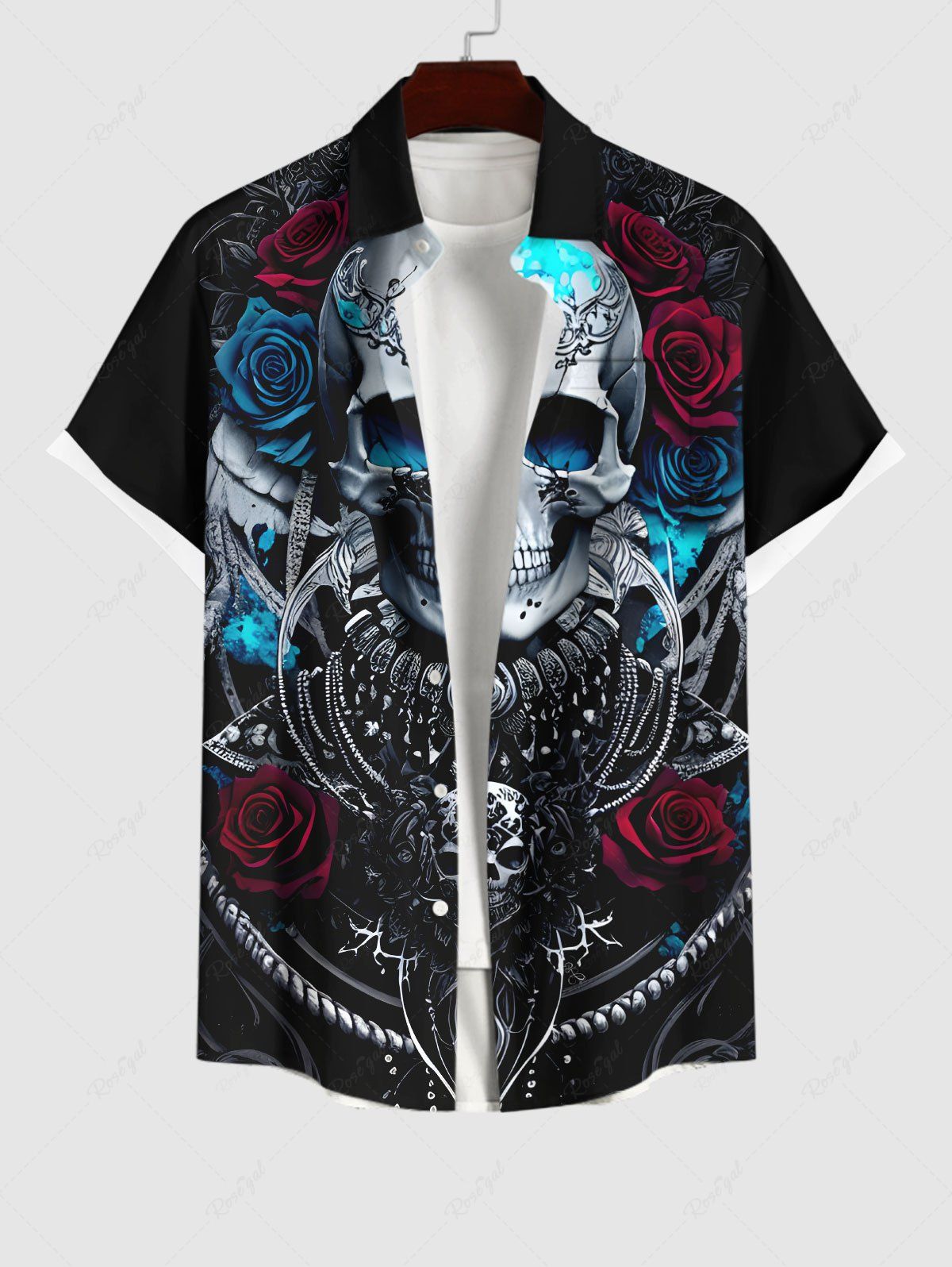 New Plus Size Halloween Costume Metallic Skull Rose Flower Print Buttons Pocket Shirt For Men  
