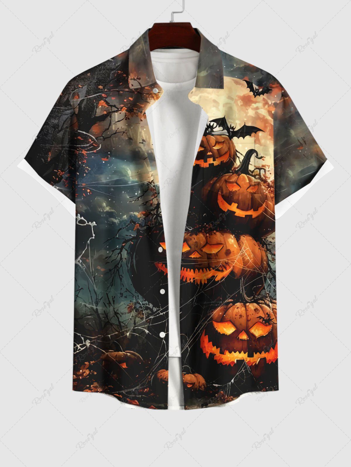 Chemise Costume D'Halloween Toile D'Araignée Citrouille et Chauve-souris Imprimés avec Poche de Grande Taille Noir M