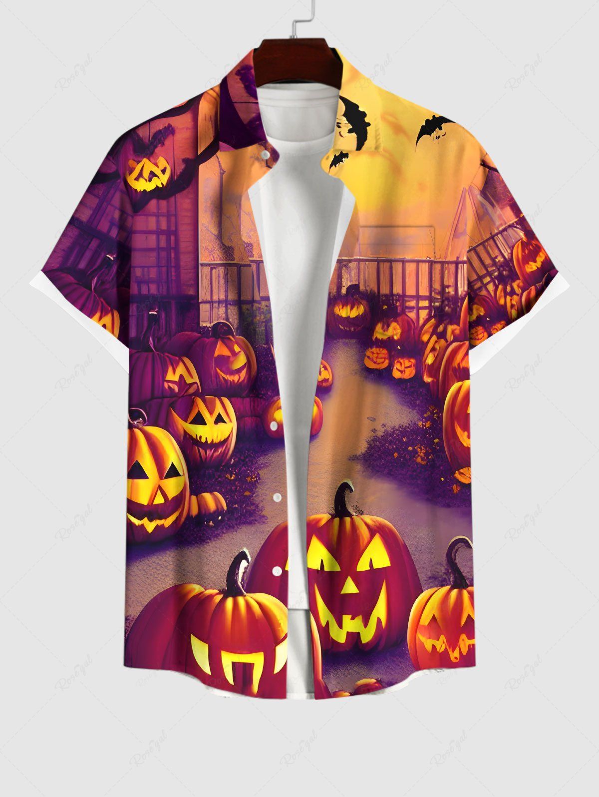Chemise D'Halloween Citrouille et Chauve-souris Imprimés avec Poche Grande Taille pour Homme Multi-A 4XL