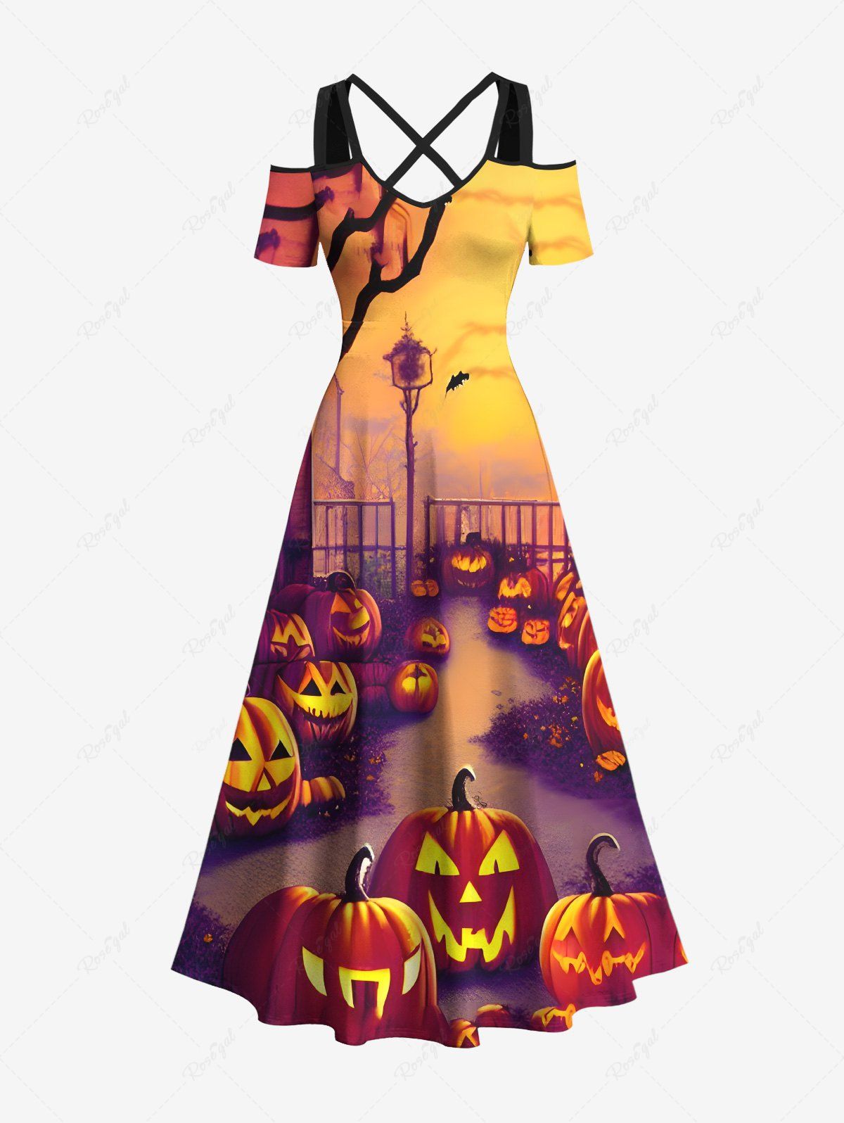 Store Plus Size Halloween Costume Pumpkin Latern Bat Tree Street Light Print Cold Shoulder Crisscross Maxi Dress  