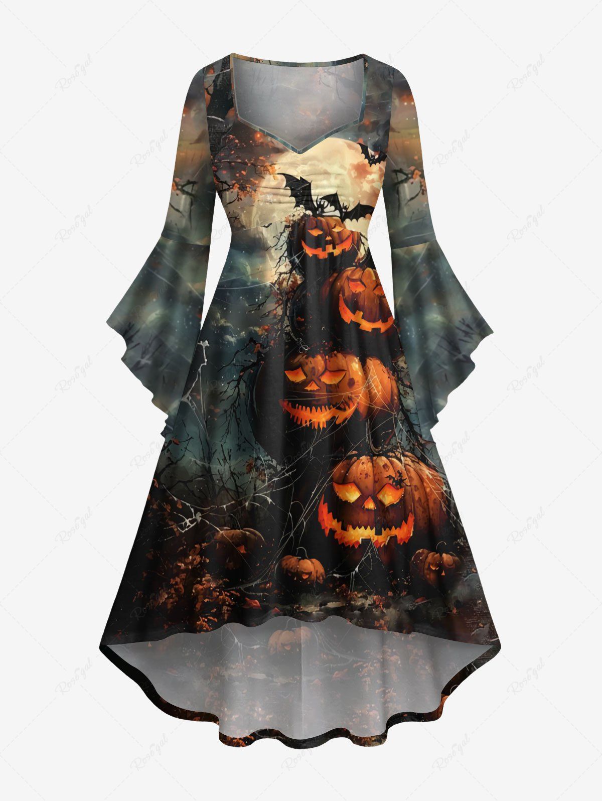 Shop Plus Size Halloween Costume Pumpkin Bat Spider Web Moon Print Flare Sleeve High Low Dress  