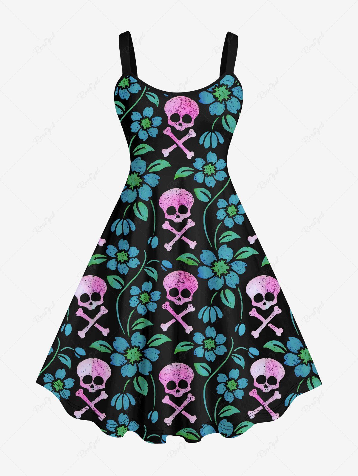 Shop Plus Size Ombre Skulls Floral Leaf Vine Print Halloween Costume A Line Tank Dress  