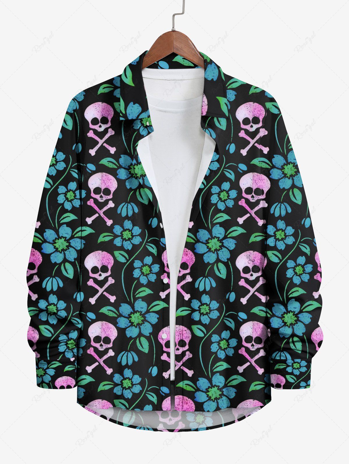 Chemise D'Halloween Boutonnée Feuille Fleurie Crâne Imprimée de Grande Taille Multi-A 8XL