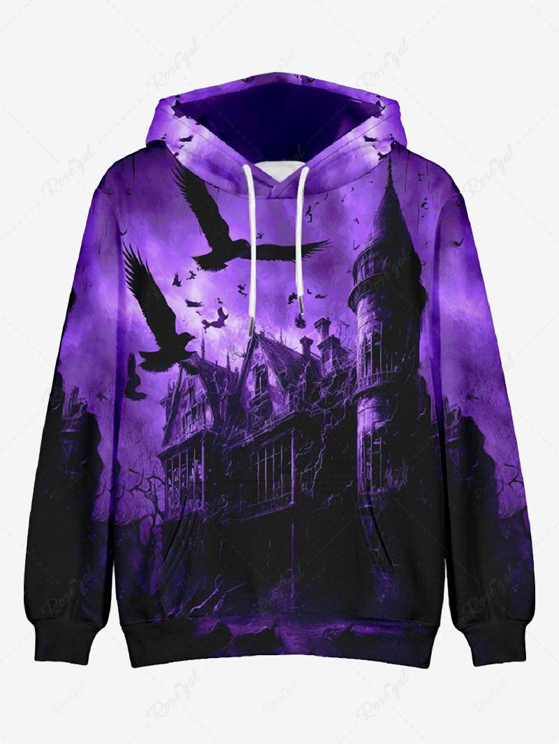 Sale Plus Size Eagle Castle Ombre Sky Print Halloween Pocket Drawstring Pullover Hoodie For Men  