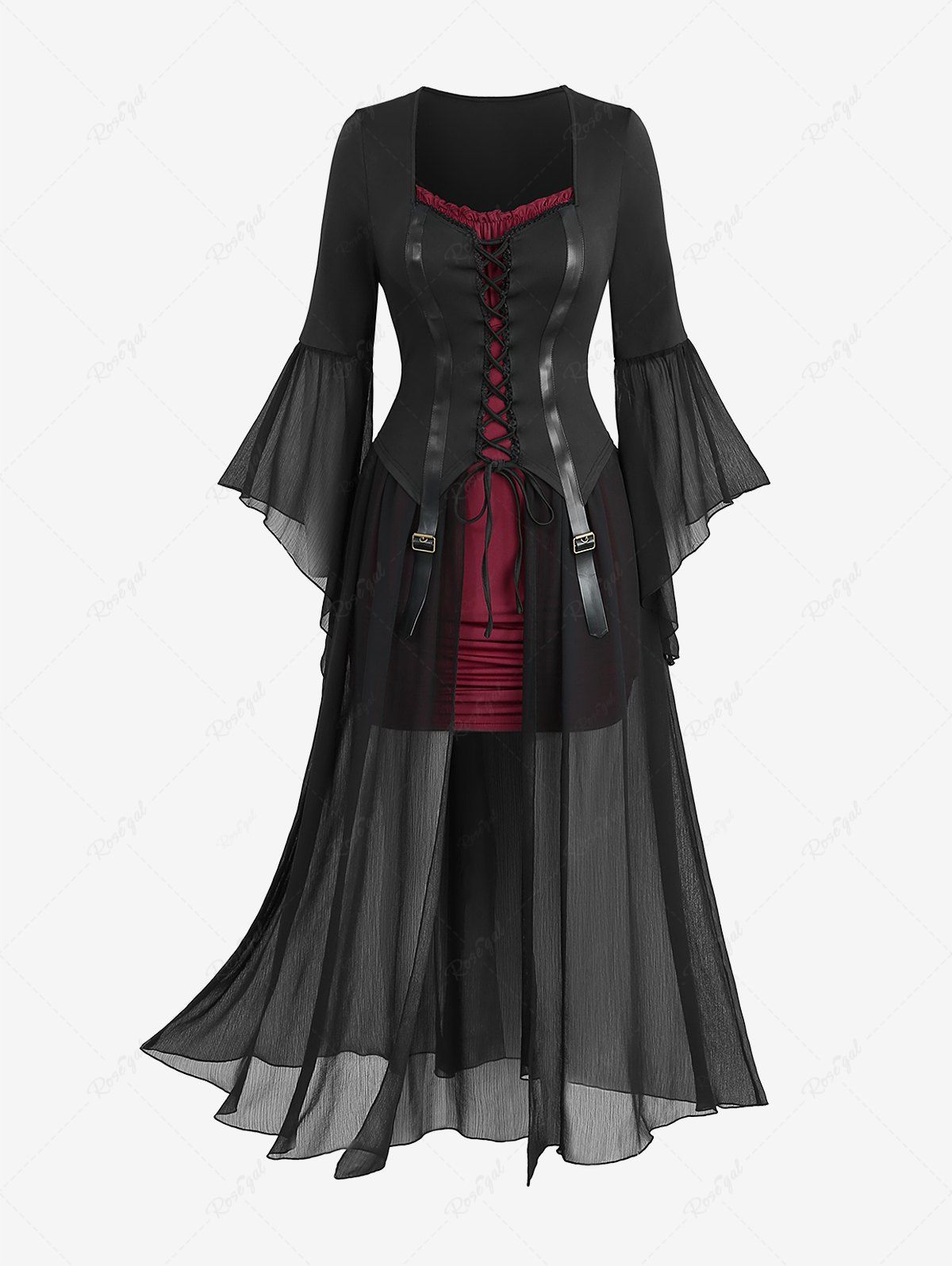 Robe gothique grande taille à lacets, volants froncés, rayures en cuir PU, patchwork Noir 5x | US 30-32