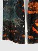 Plus Size Halloween Costume Pumpkin Bat Spider Web Moon Print Buttons Pocket Shirt For Men -  