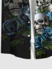 Plus Size Halloween Costume Skulls Rose Flowers Print Buttons Pocket Shirt For Men -  