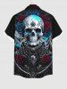 Plus Size Halloween Costume Metallic Skull Rose Flower Print Buttons Pocket Shirt For Men -  