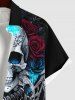 Plus Size Halloween Costume Metallic Skull Rose Flower Print Buttons Pocket Shirt For Men -  