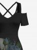 Plus Size Halloween Costume Skulls Rose Flowers Print Cold Shoulder Crisscross Maxi Dress -  