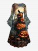 Plus Size Halloween Costume Pumpkin Bat Spider Web Moon Print Flare Sleeve High Low Dress -  