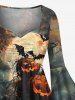 Plus Size Halloween Costume Pumpkin Bat Spider Web Moon Print Flare Sleeve High Low Dress -  