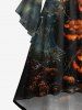 Plus Size Halloween Costume Pumpkin Bat Spider Web Moon Print Flare Sleeve High Low Dress -  