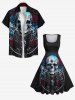 Plus Size Halloween Costume Metallic Skull Rose Flower Print 1950s Vintage Dress -  