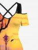 Plus Size Halloween Costume Pumpkin Latern Bat Tree Street Light Print Cold Shoulder Crisscross Maxi Dress -  