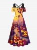 Plus Size Halloween Costume Pumpkin Latern Bat Tree Street Light Print Cold Shoulder Crisscross Maxi Dress -  