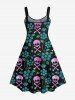 Plus Size Ombre Skulls Floral Leaf Vine Print Halloween Costume A Line Tank Dress -  