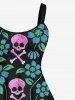 Plus Size Ombre Skulls Floral Leaf Vine Print Halloween Costume A Line Tank Dress -  