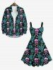 Plus Size Ombre Skulls Floral Leaf Vine Print Halloween Costume A Line Tank Dress -  