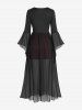 Robe gothique grande taille à lacets, volants froncés, rayures en cuir PU, patchwork - Noir 3X | US 22-24