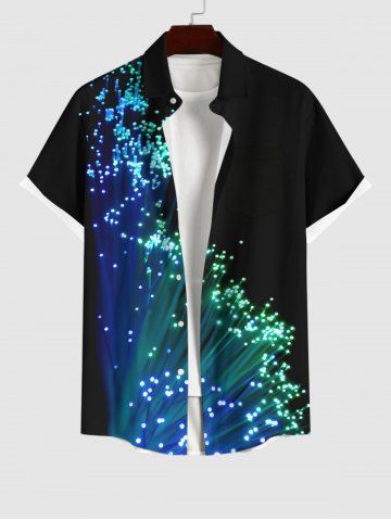 Plus Size Glitter Light Beam Galaxy Print Hawaii Button Pocket Shirt For Men