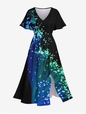Plus Size Glitter Light Beam Galaxy Print Hawaii Split Pocket A Line Midi Dress - BLACK - L