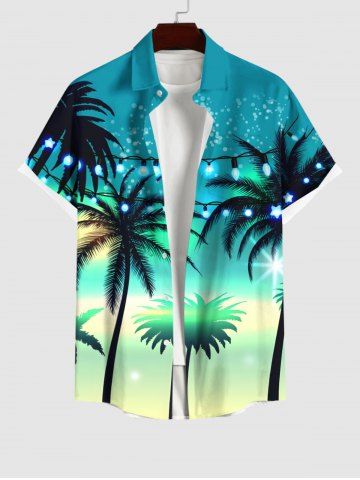 Plus Size Coconut Tree Light String Ombre Colorblock Glitter 3D Print Buttons Pocket Hawaii Shirt For Men - MULTI-A - 4XL