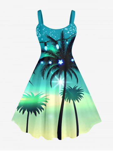 Plus Size Coconut Tree Light String Ombre Colorblock Glitter 3D Print Hawaii Tank Dress - MULTI-A - 6X