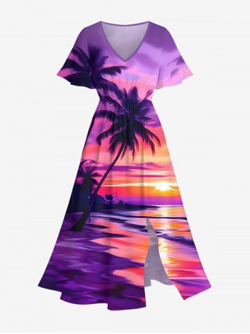 Robe Mi-longue Hawaïen Ombrée Imprimé Cocotier et Coucher de Soleil Grande Taille - PURPLE - XS