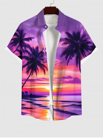 Plus Size Coconut Tree Ombre Sky Sunset Print Buttons Pocket Hawaii Shirt For Men